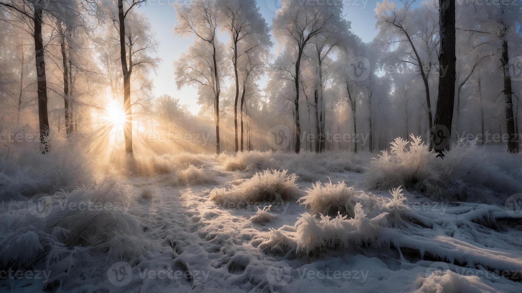 Winter Forest Covered in Frost and Snow with Sun Rays photo