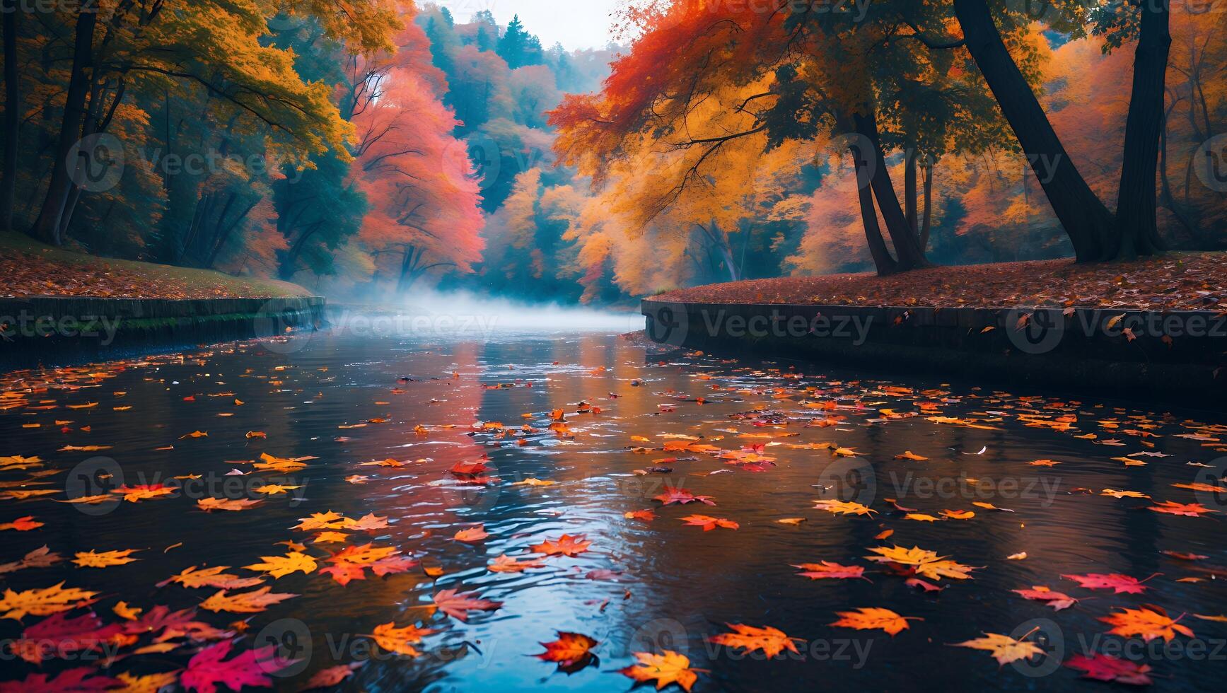 Autumn Forest River with Fog and Colorful Leaves photo