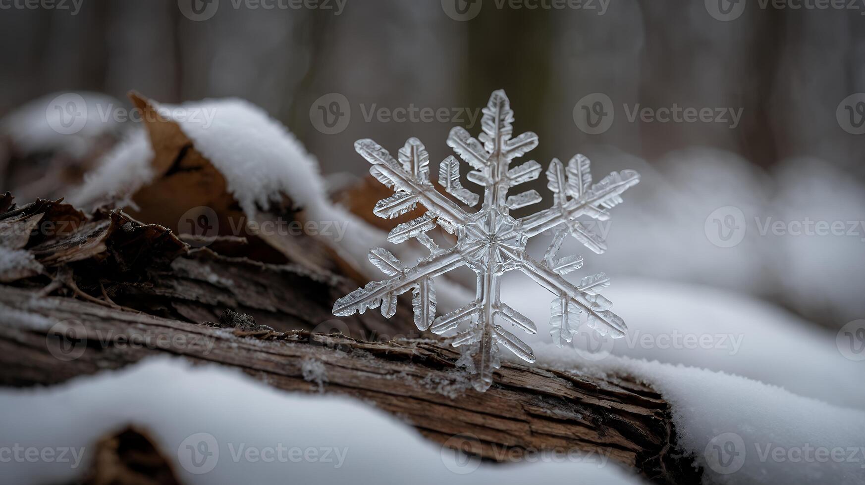 Snowflake on Wood Log with Snow Winter Scene photo