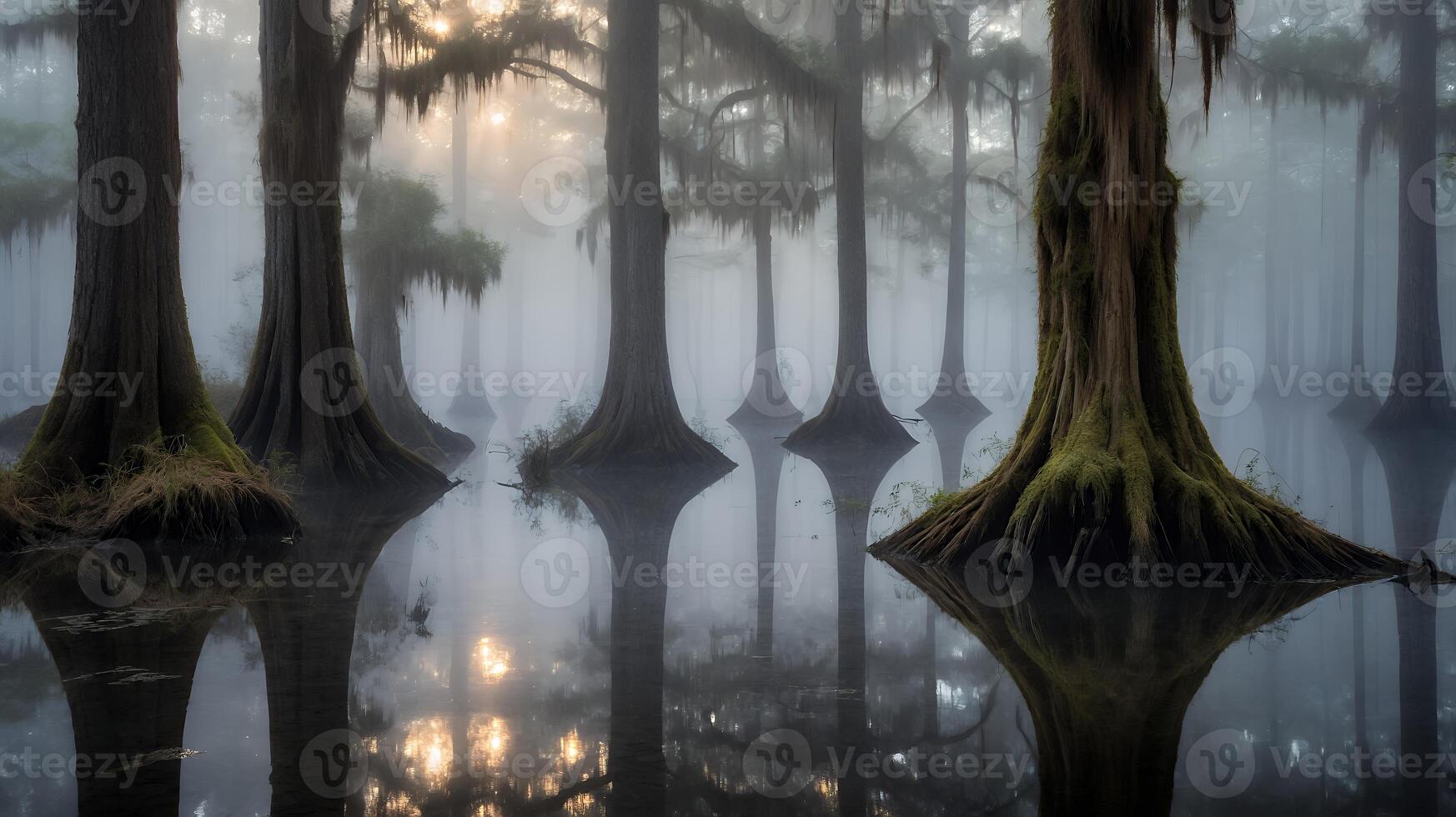 Swamp with Tall Trees and Reflections in Water photo