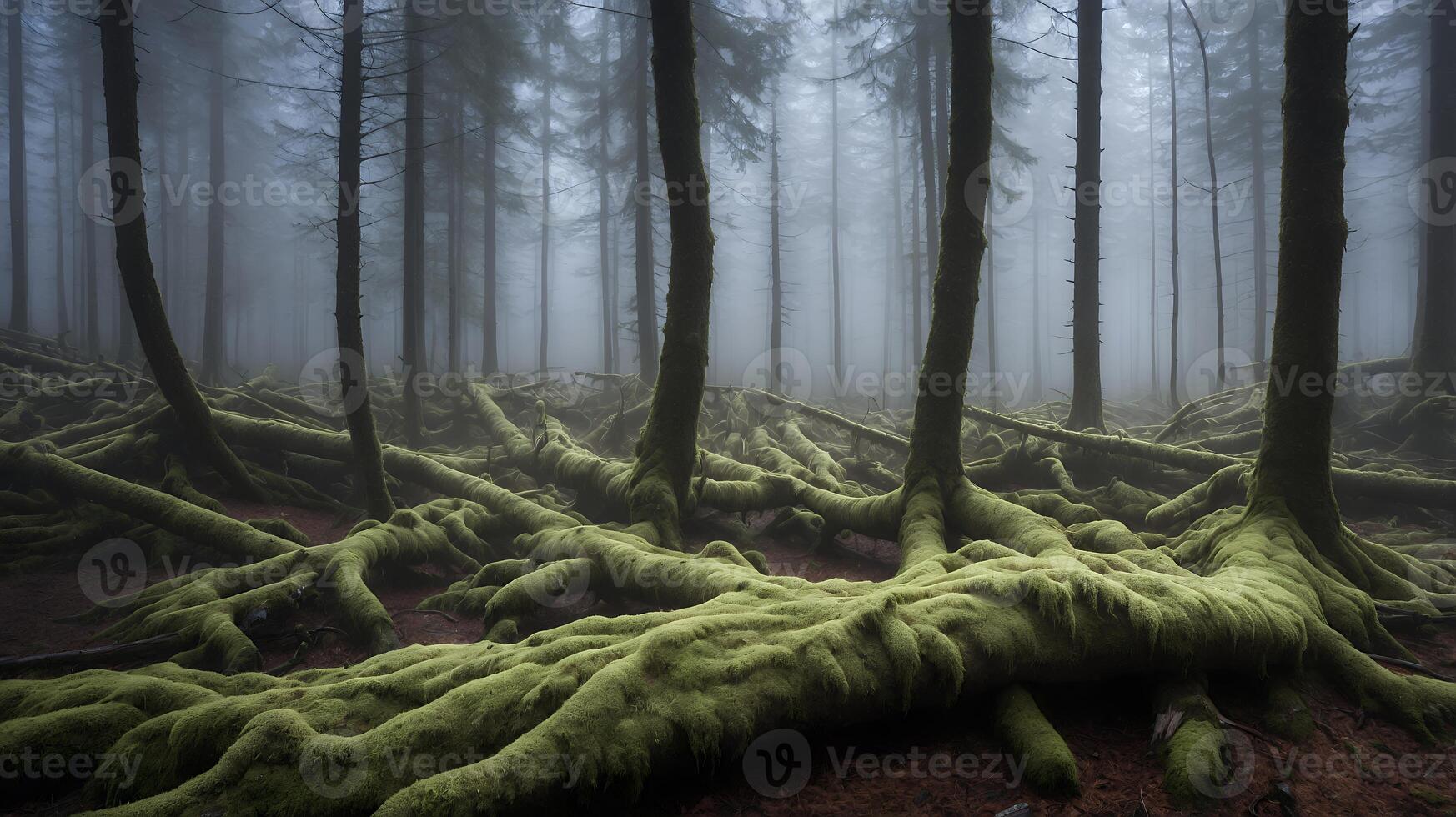 Mossy Tree Roots in Misty Forest photo
