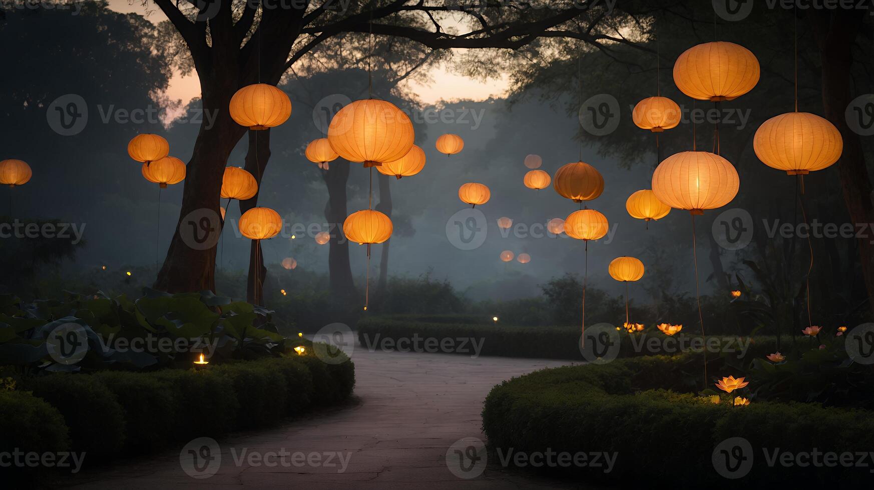 Paper Lanterns in Park with Pathway and Bushes photo