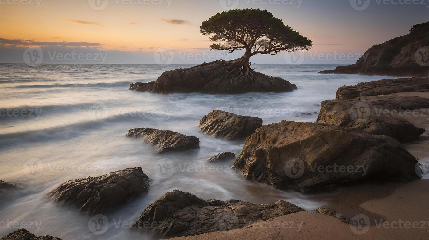 Tree on Rock Beach at Sunset photo