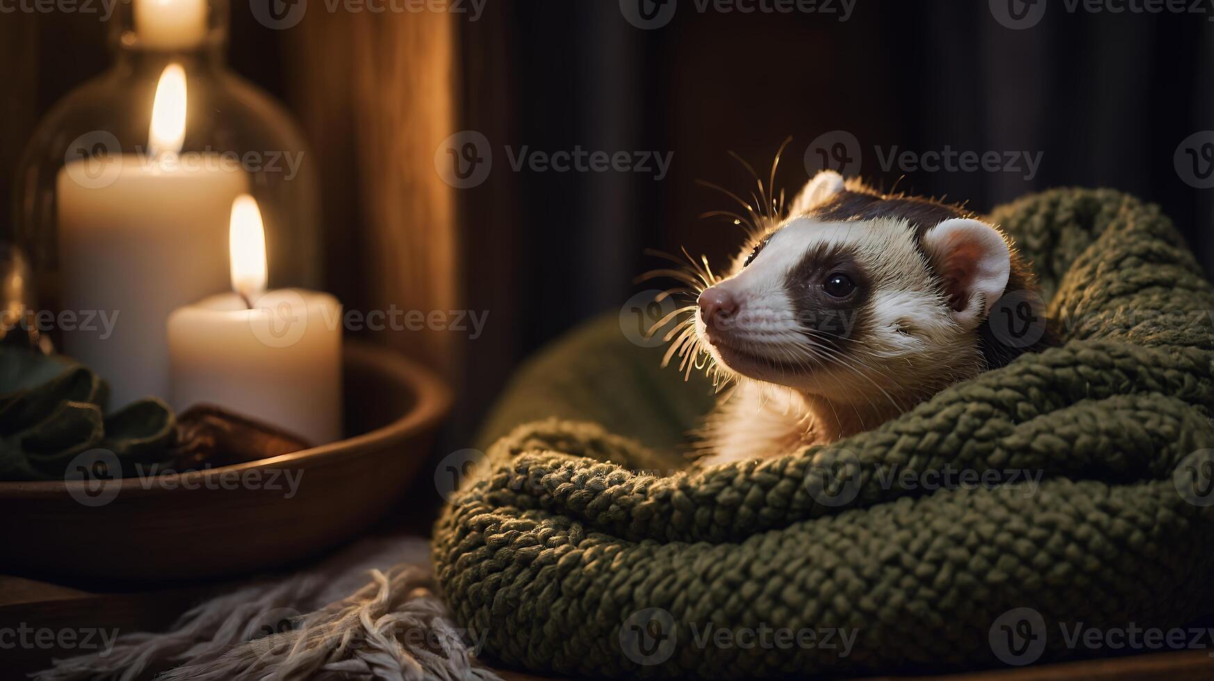 Relaxing Ferret Portrait with Candles and Knitted Blanket photo