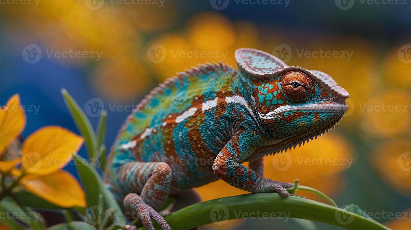 Colorful Chameleon on a Branch Close Up photo