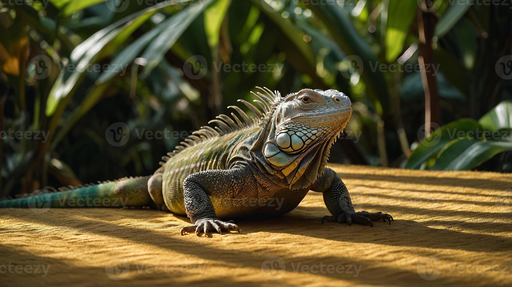 An iguana is sitting on the ground in the sun photo