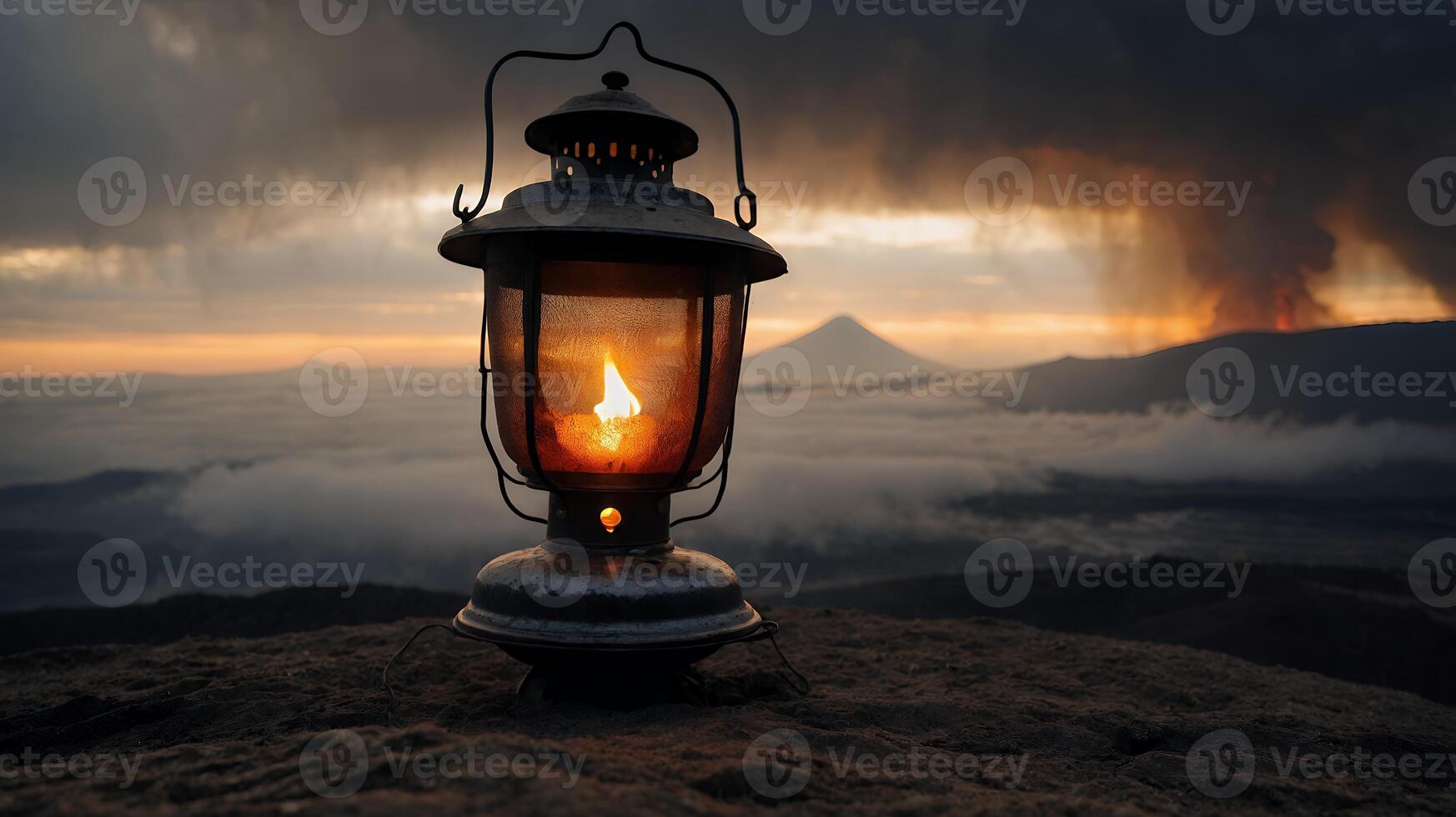 Illuminated Lantern on Rocky Peak with Mountain View photo