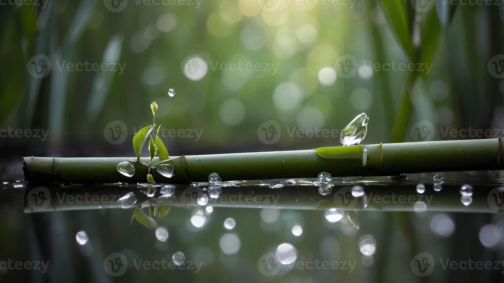 Bamboo Stalk with Water Drops in Tranquil Water Scene photo