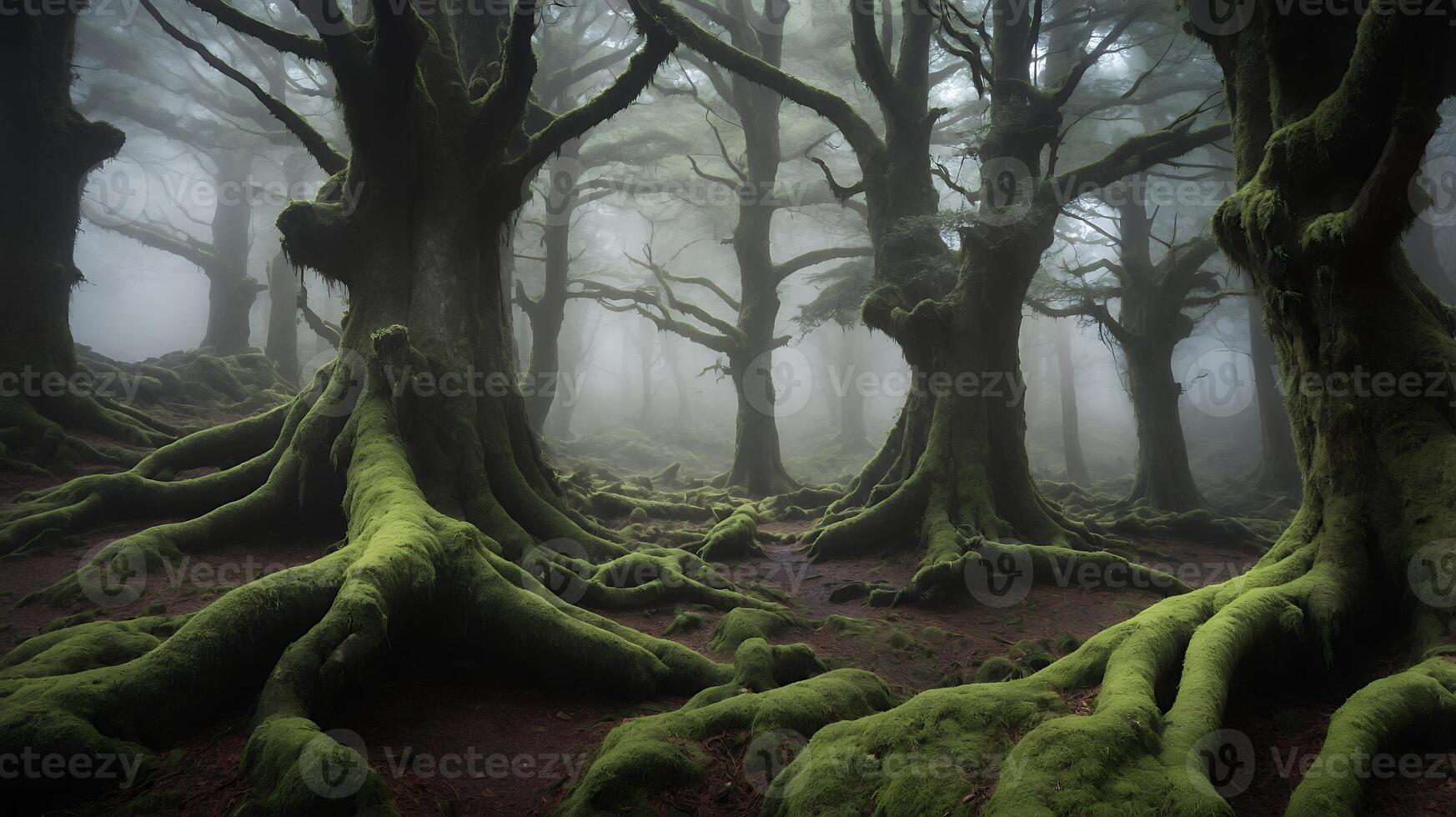 Foggy Mossy Forest with Old Trees and Roots photo