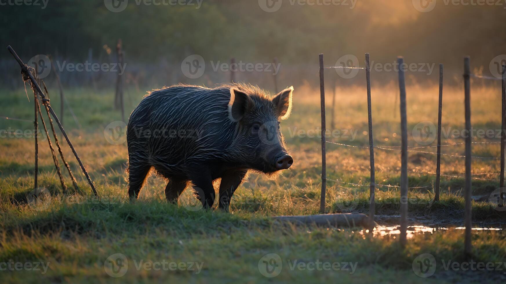 Wild Boar in a Grassy Field at Sunrise photo