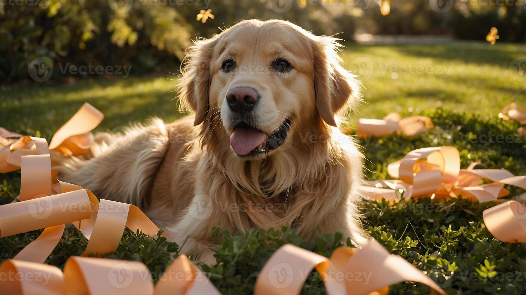 Golden Retriever Dog Relaxing on Green Grass with Peach Ribbons photo