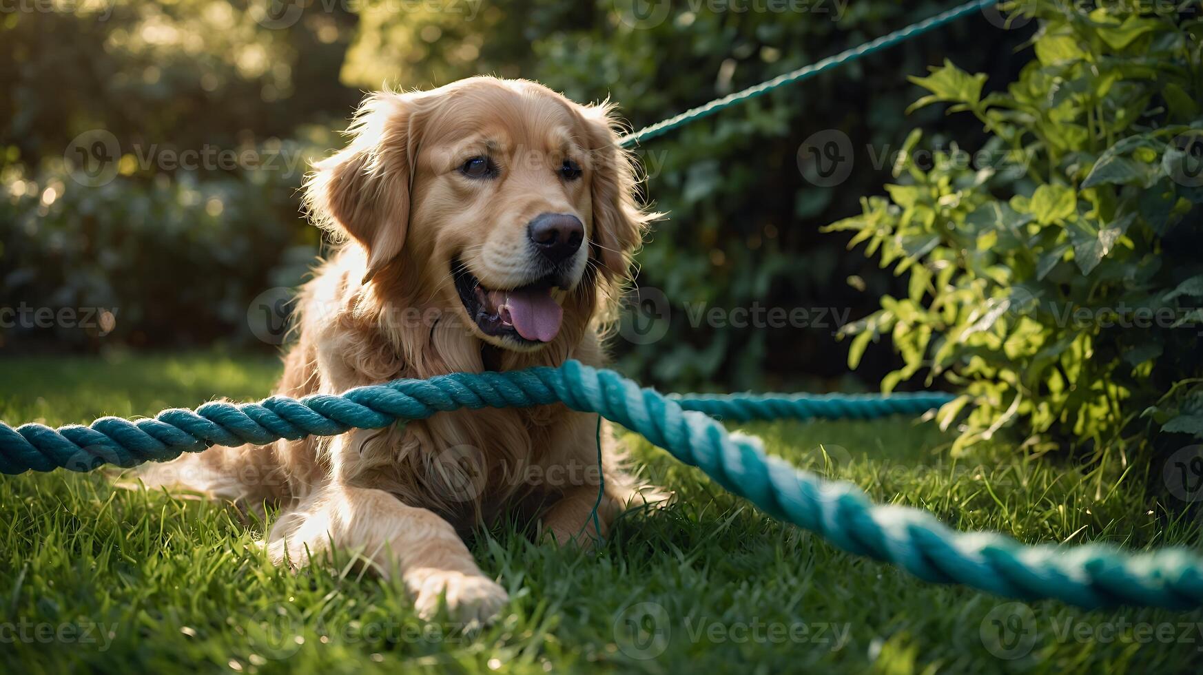 Golden Retriever Lies on Grass Near Green Rope photo