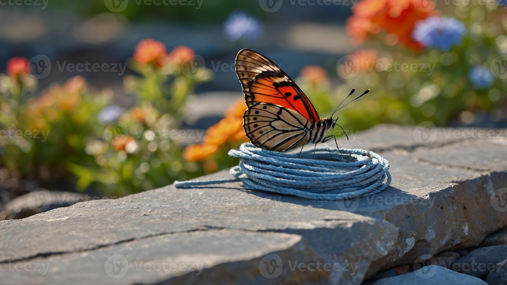 Butterfly Resting on Rope in a Flower Garden photo