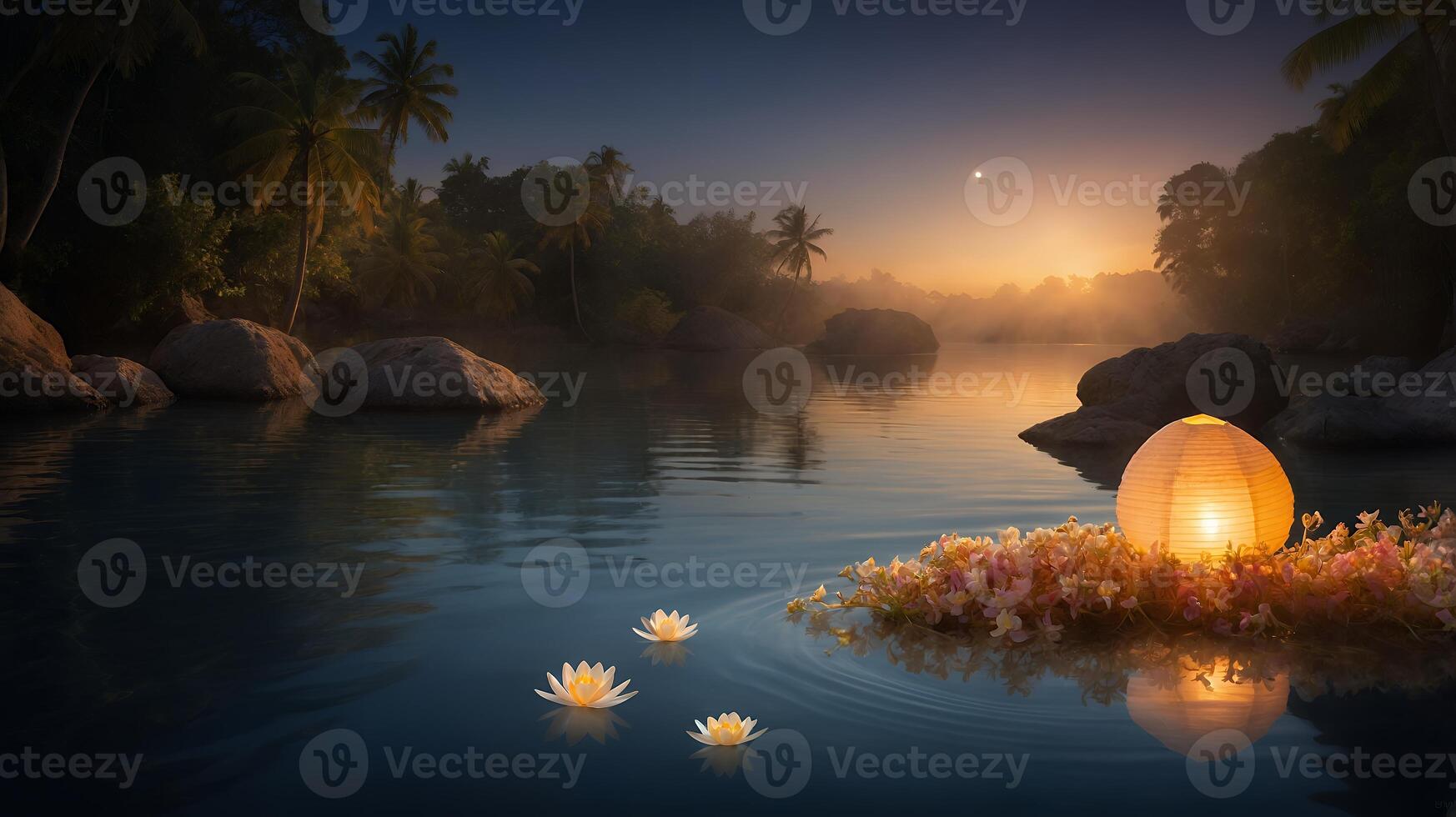 Evening Lotus Flowers and Lantern Floating on Water photo