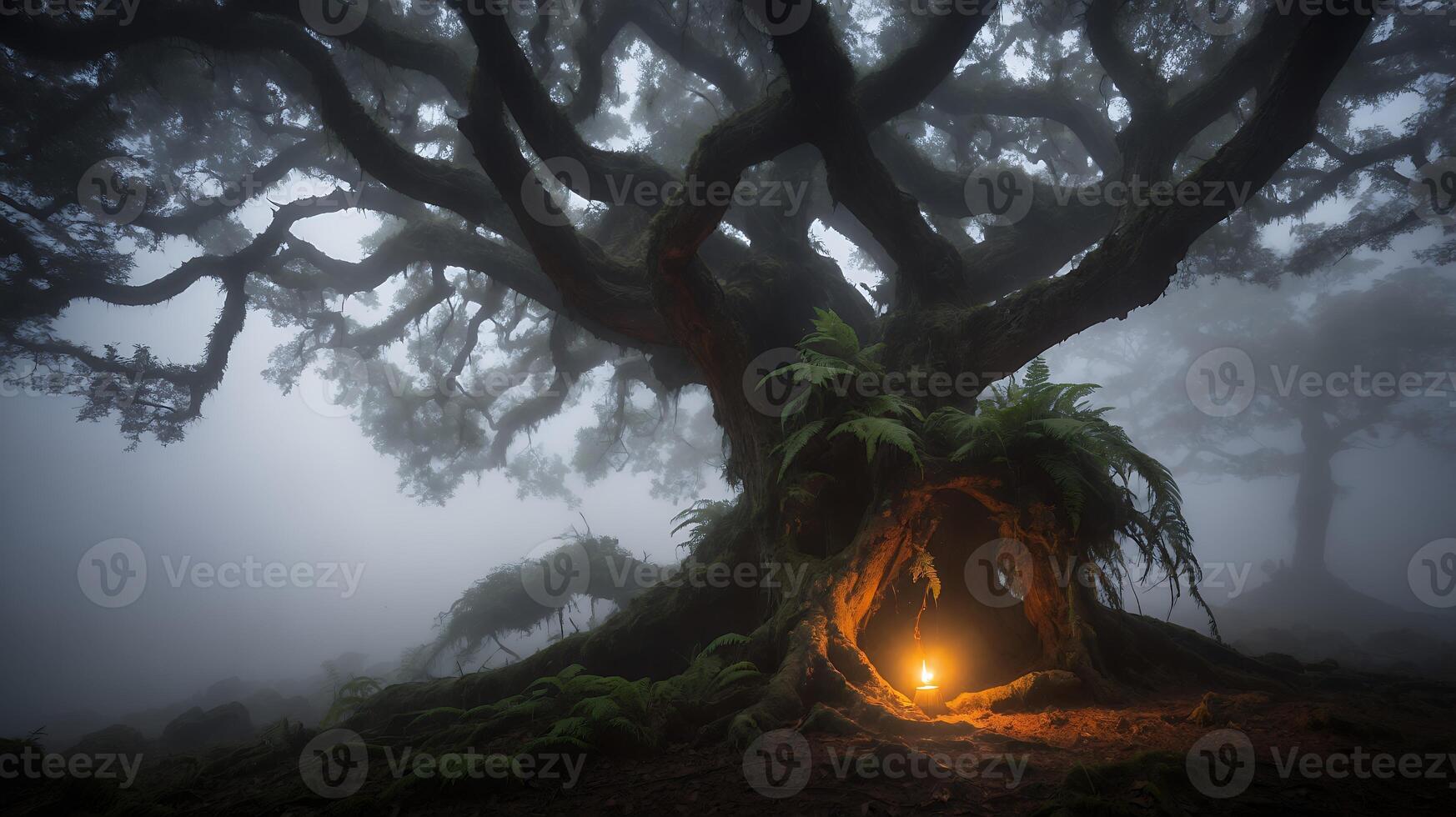 Old Tree with Glowing Light in Dark Misty Forest photo
