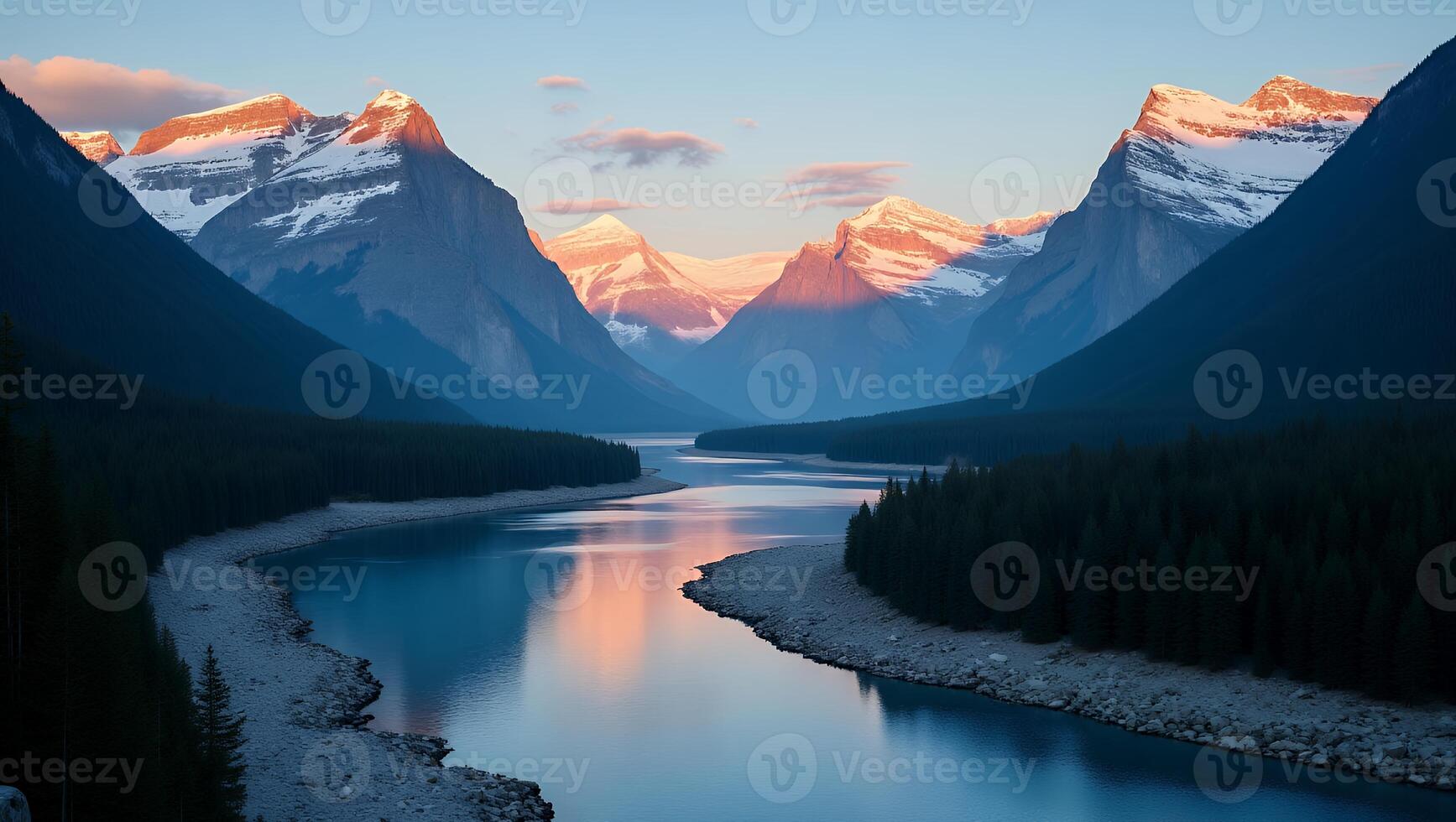 Mountain Range and River View, Forest with Glacier at Sunrise photo