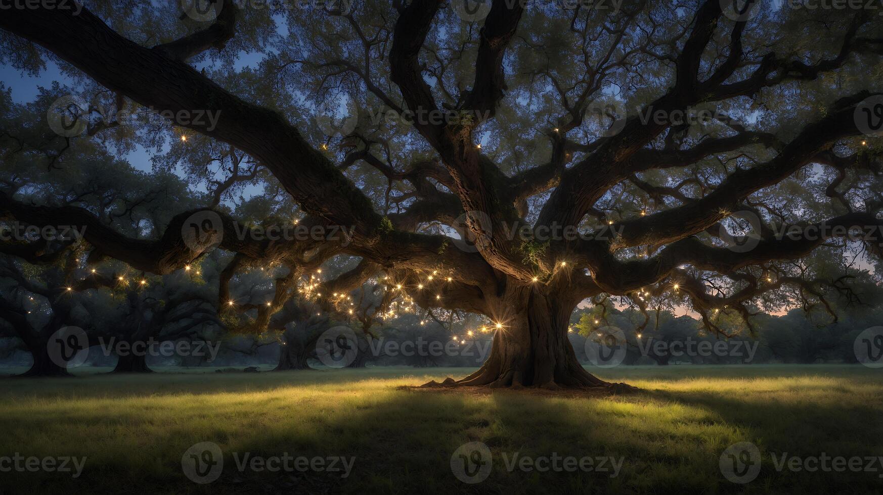 Large Tree Decorated with String Lights in a Grassy Field photo