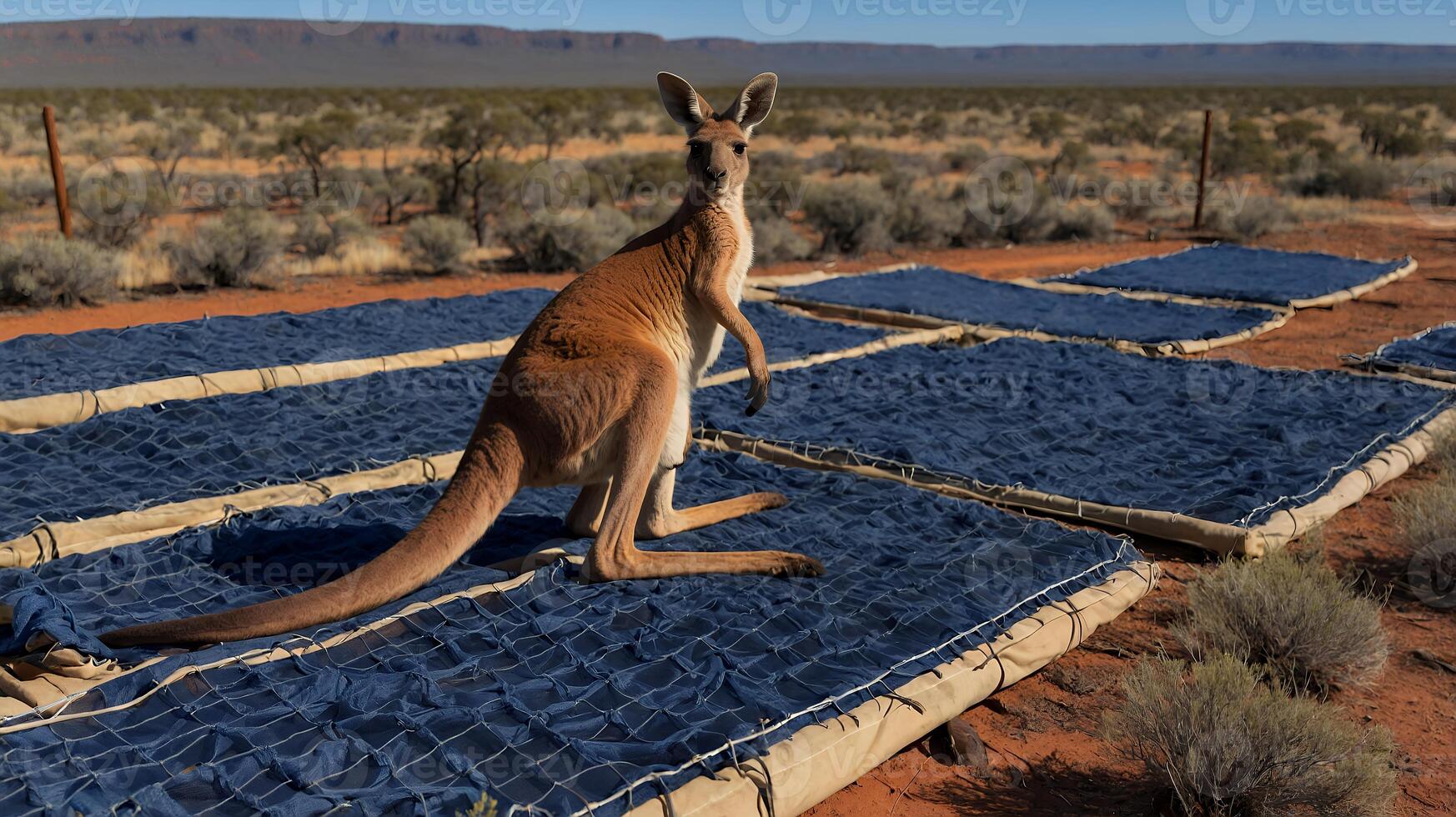 Kangaroo Standing on Blue Mat in Australian Outback Landscape photo
