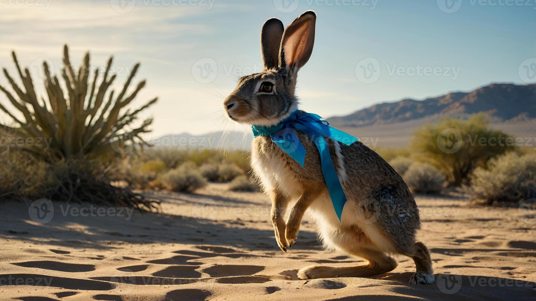 Rabbit with Blue Ribbon in Desert Landscape on Sunny Day photo
