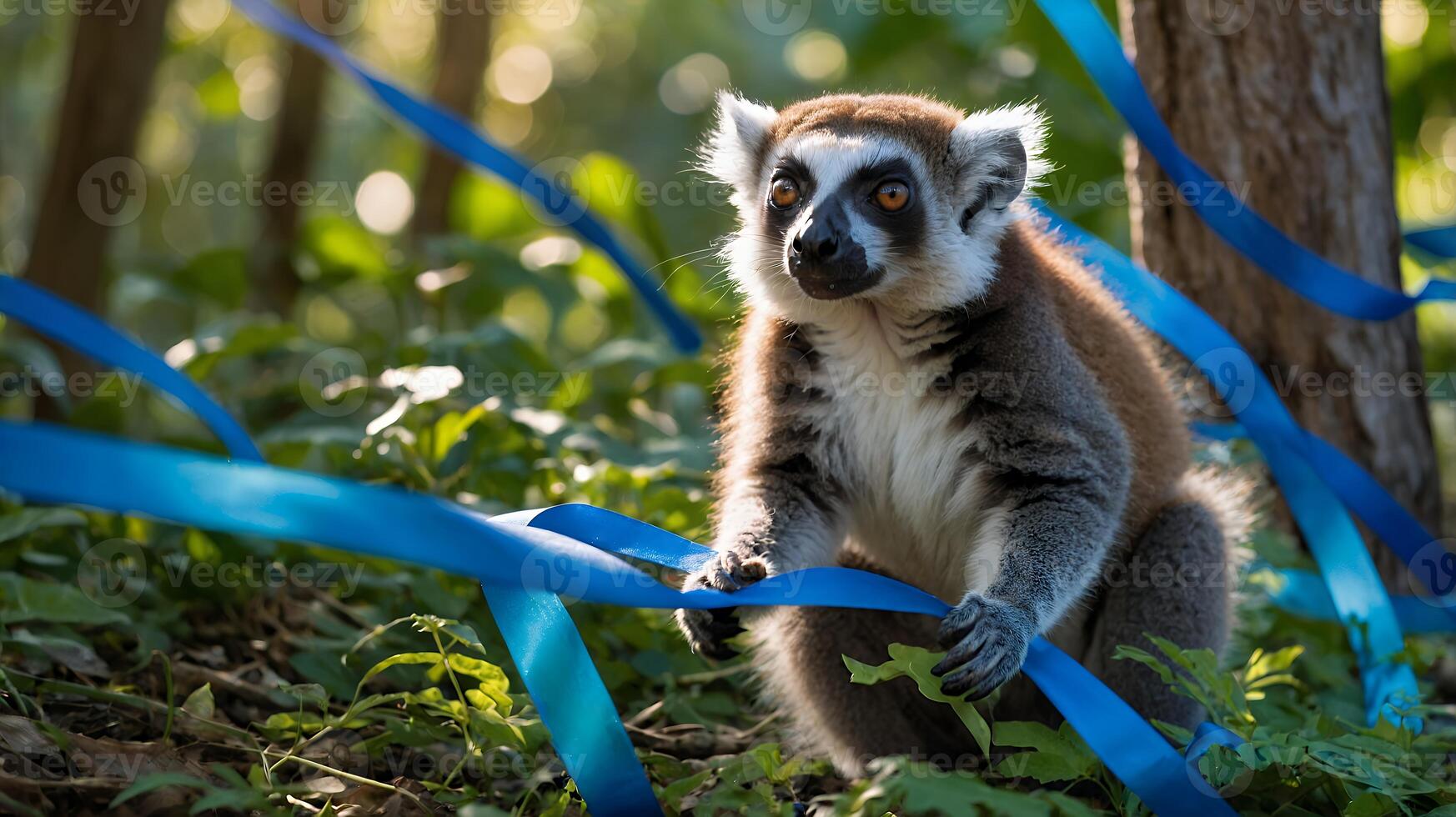 Lemur in Forest with Blue Ribbons photo