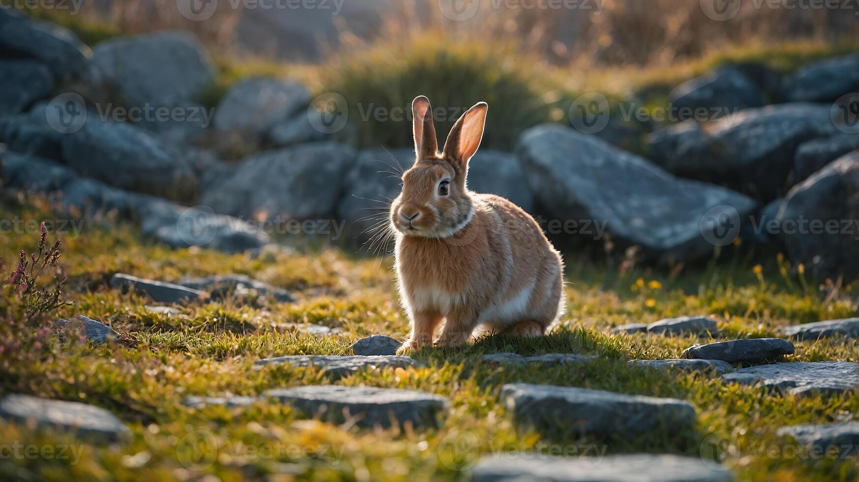 Rabbit Stands on Stone Path in Grassy Landscape photo