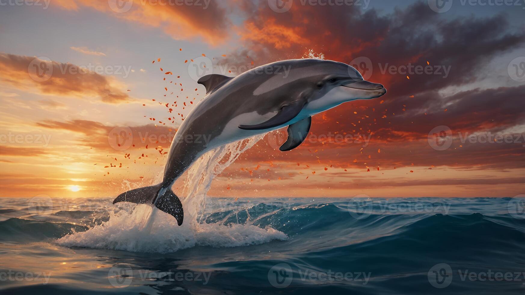 Dolphin Jumping Out of Water at Sunset photo