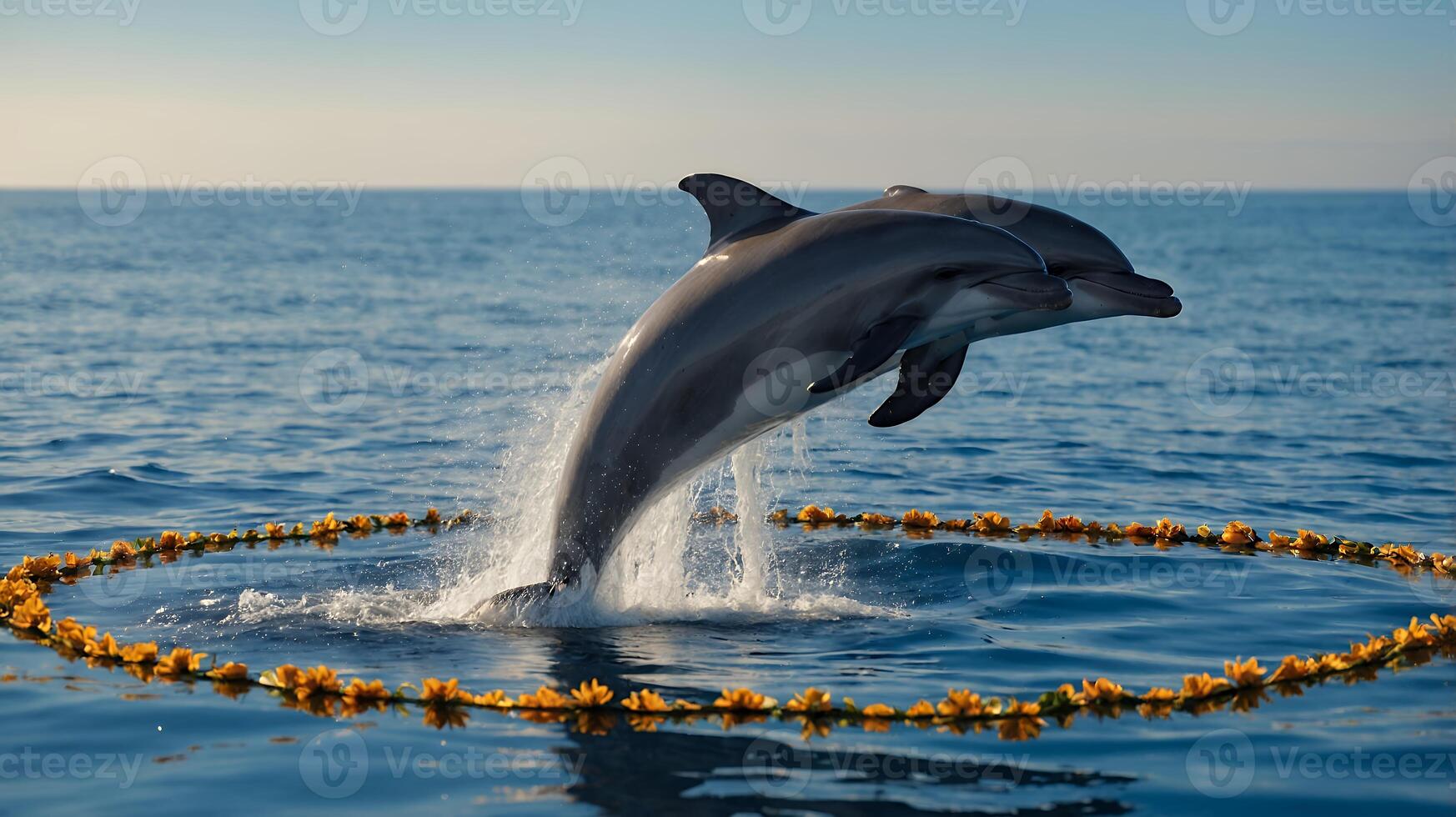 Dolphin Leaping Through Flower Circle in Ocean photo