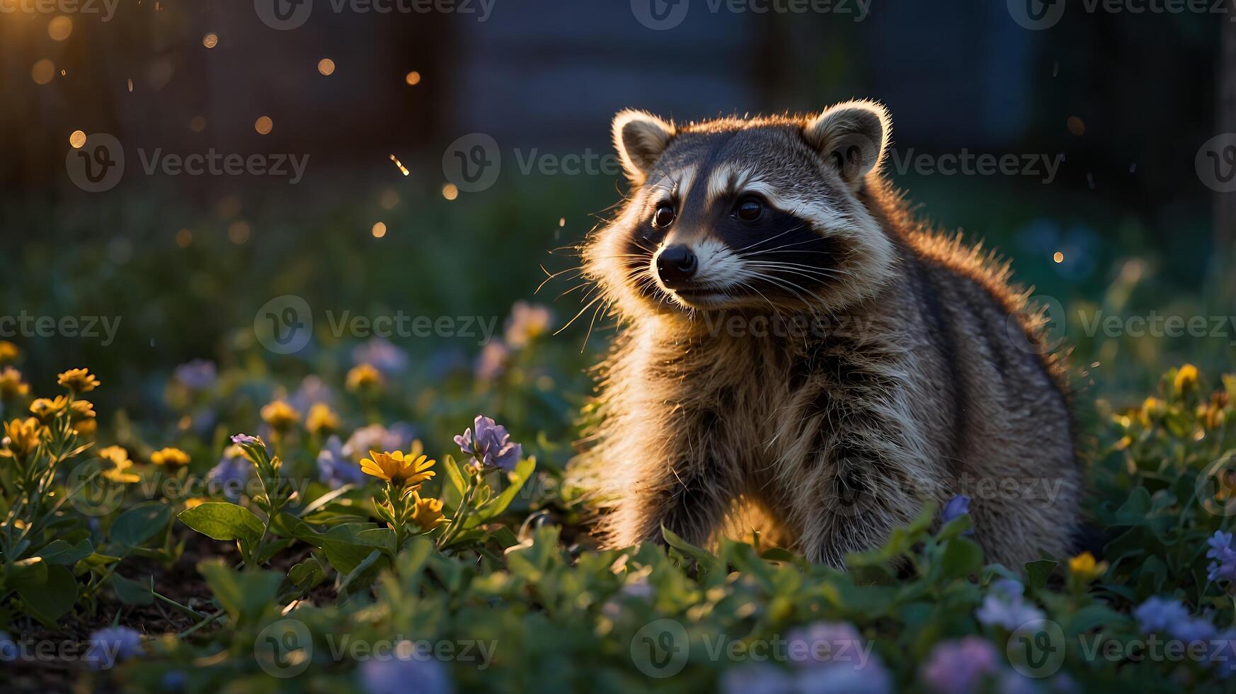 Raccoon in Field of Flowers During Golden Hour photo