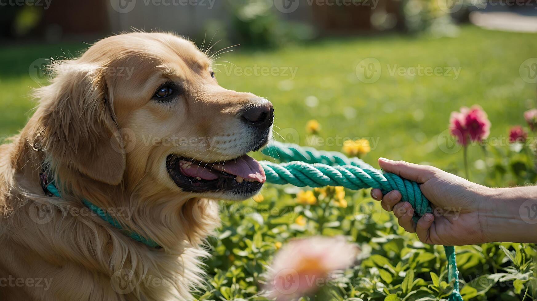Golden Retriever Playing Tug of War with Rope photo