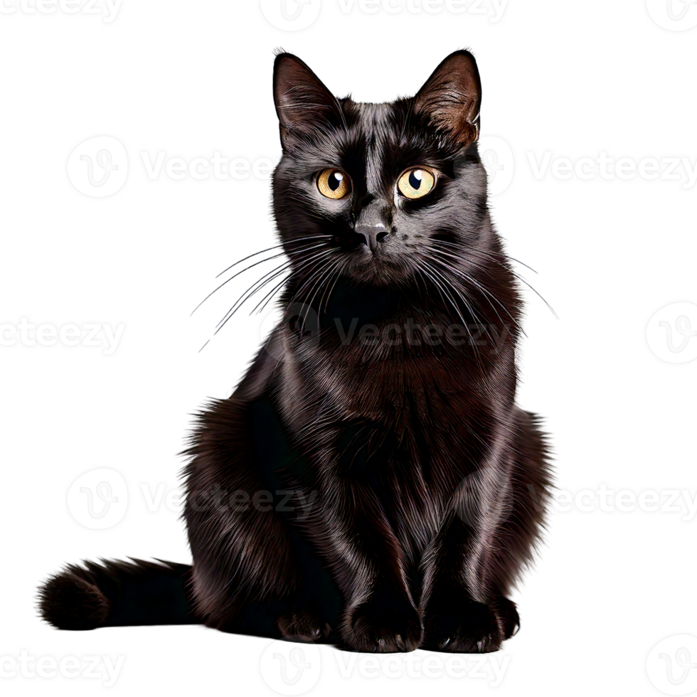A quiet black cat sitting with a mysterious, sleek appearance png