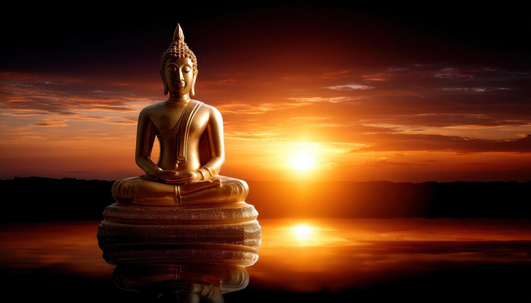 Serene Golden Buddha Statue at Sunset Tranquil Reflection Background with Copyspace photo