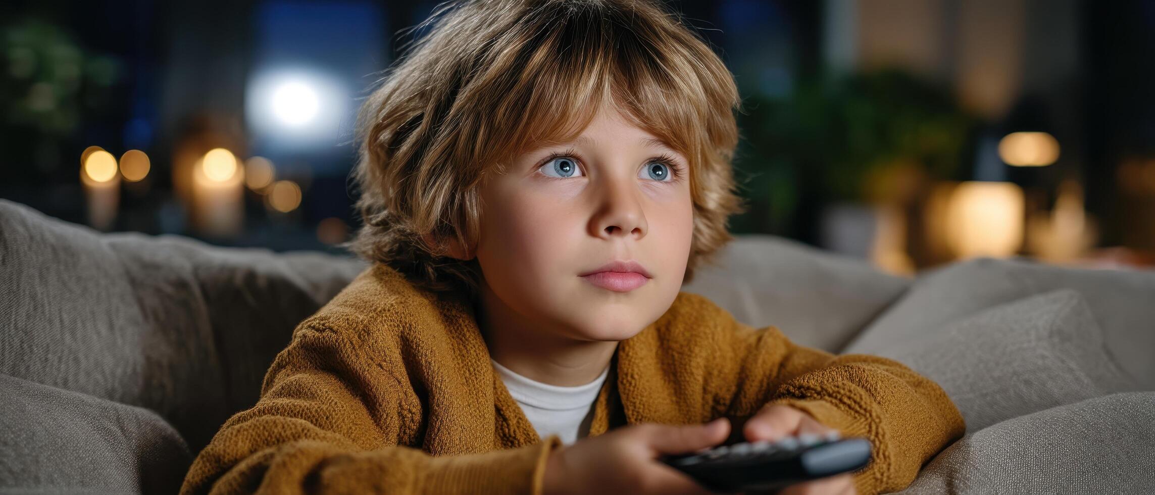 Young Boy Relaxing on Comfy Sofa with Remote Control Cozy Room Background Copyspace photo