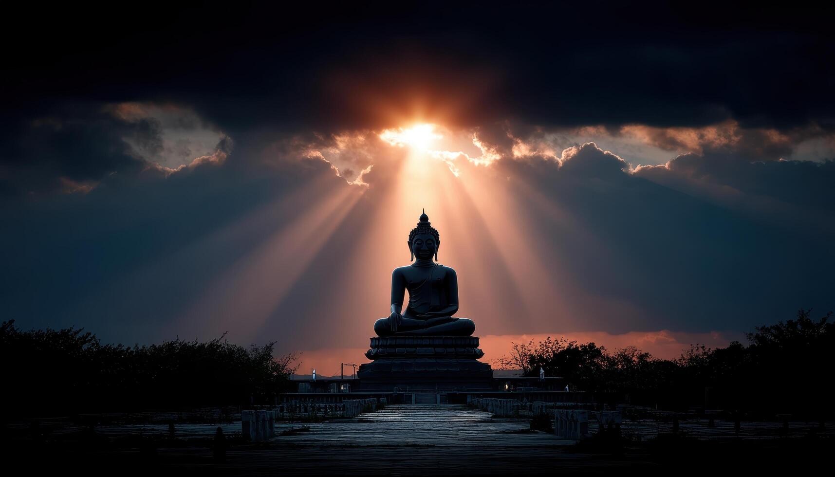 Dramatic Sunset Buddha Silhouette Tranquil Landscape Spiritual Background Copyspace Serene Atmosphere photo