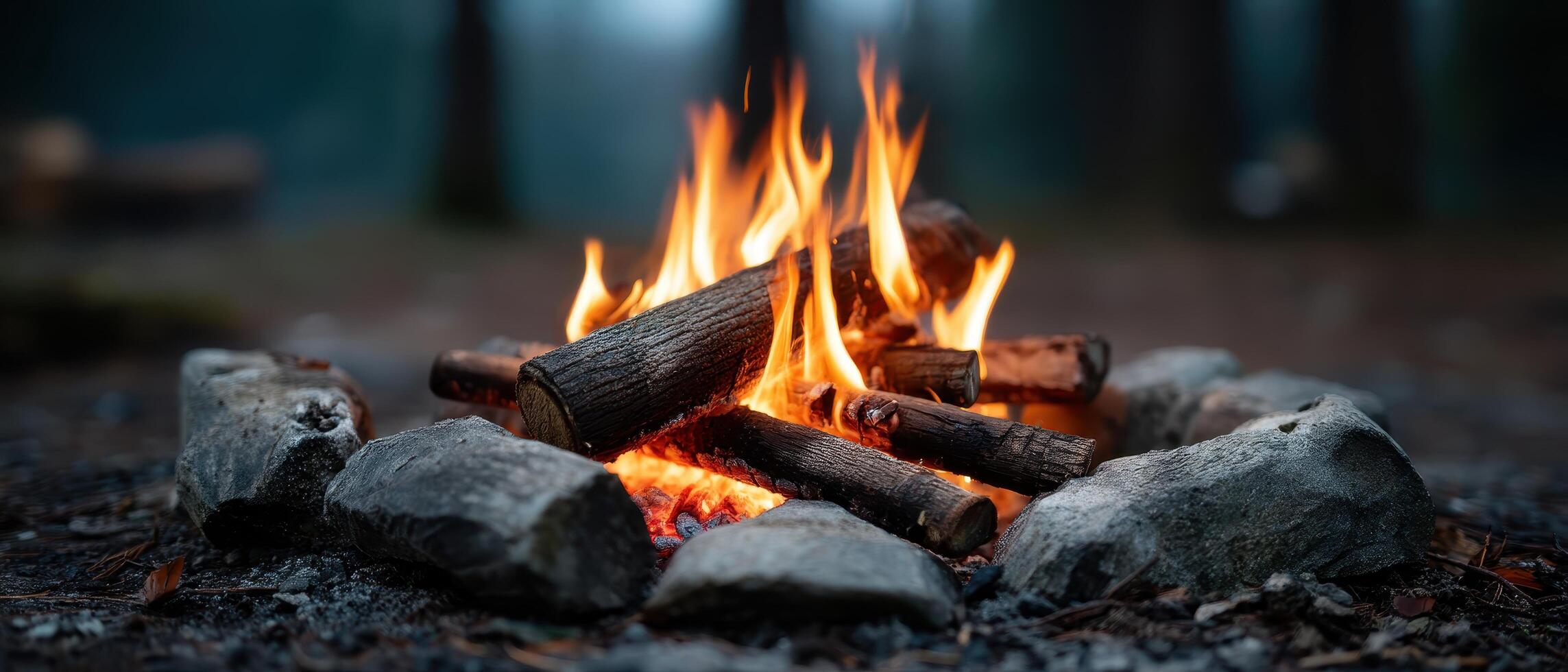 Campfire Flames at Dusk Forest Setting Close-Up Image with Background and Copyspace photo