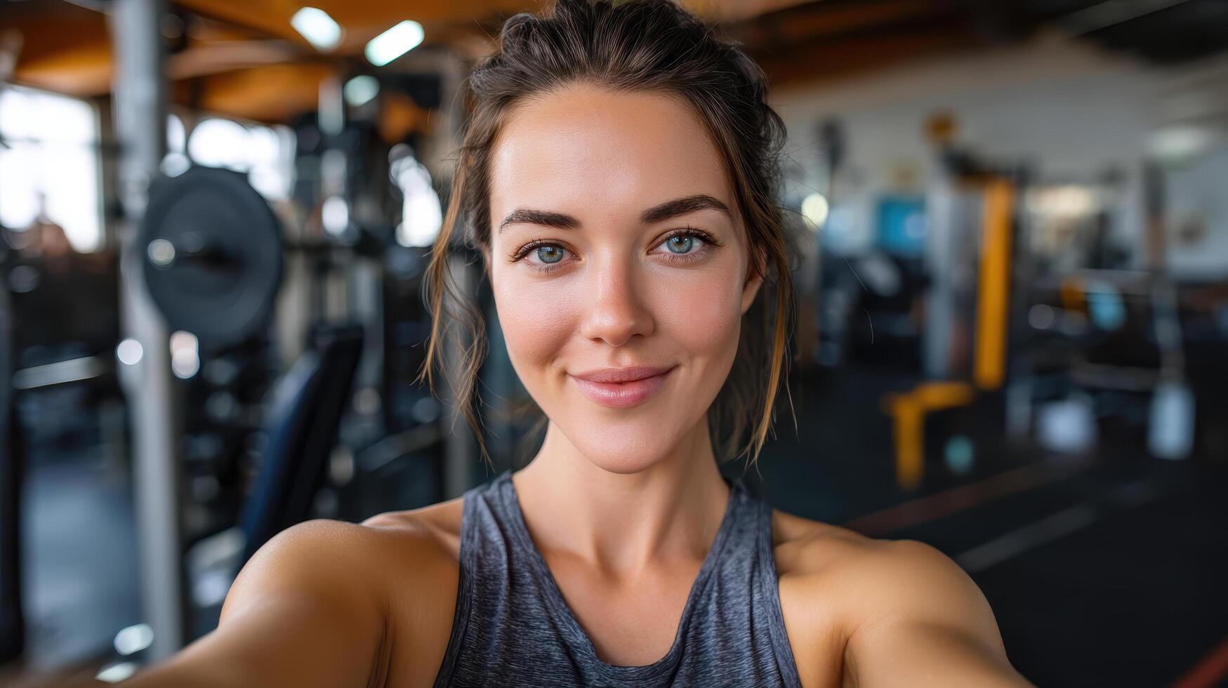 Fitness Enthusiast Post-Workout Selfie in Gym Background with Copyspace for Inspiration photo