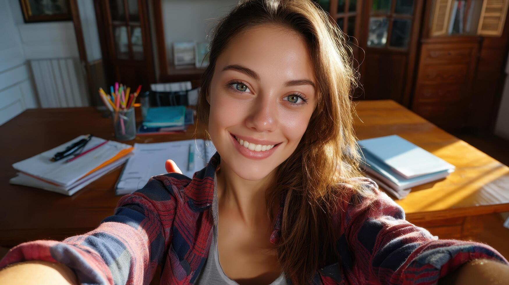 Cheerful Young Woman Selfie at Wooden Desk Home Office Background Copyspace Bright Mood photo