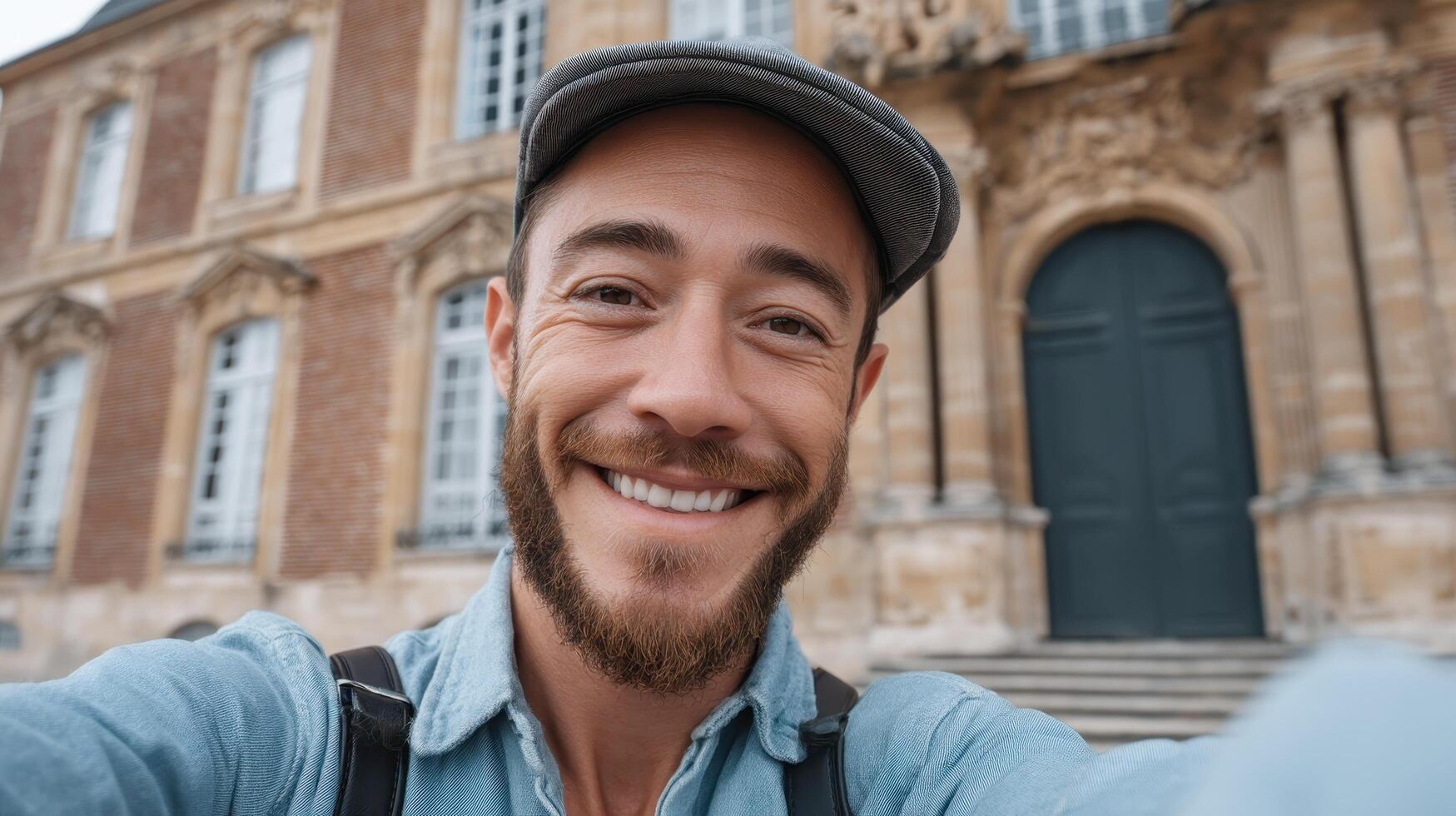 Joyful Man Taking a Selfie in Front of Historic Architecture Friendly Background Copyspace photo