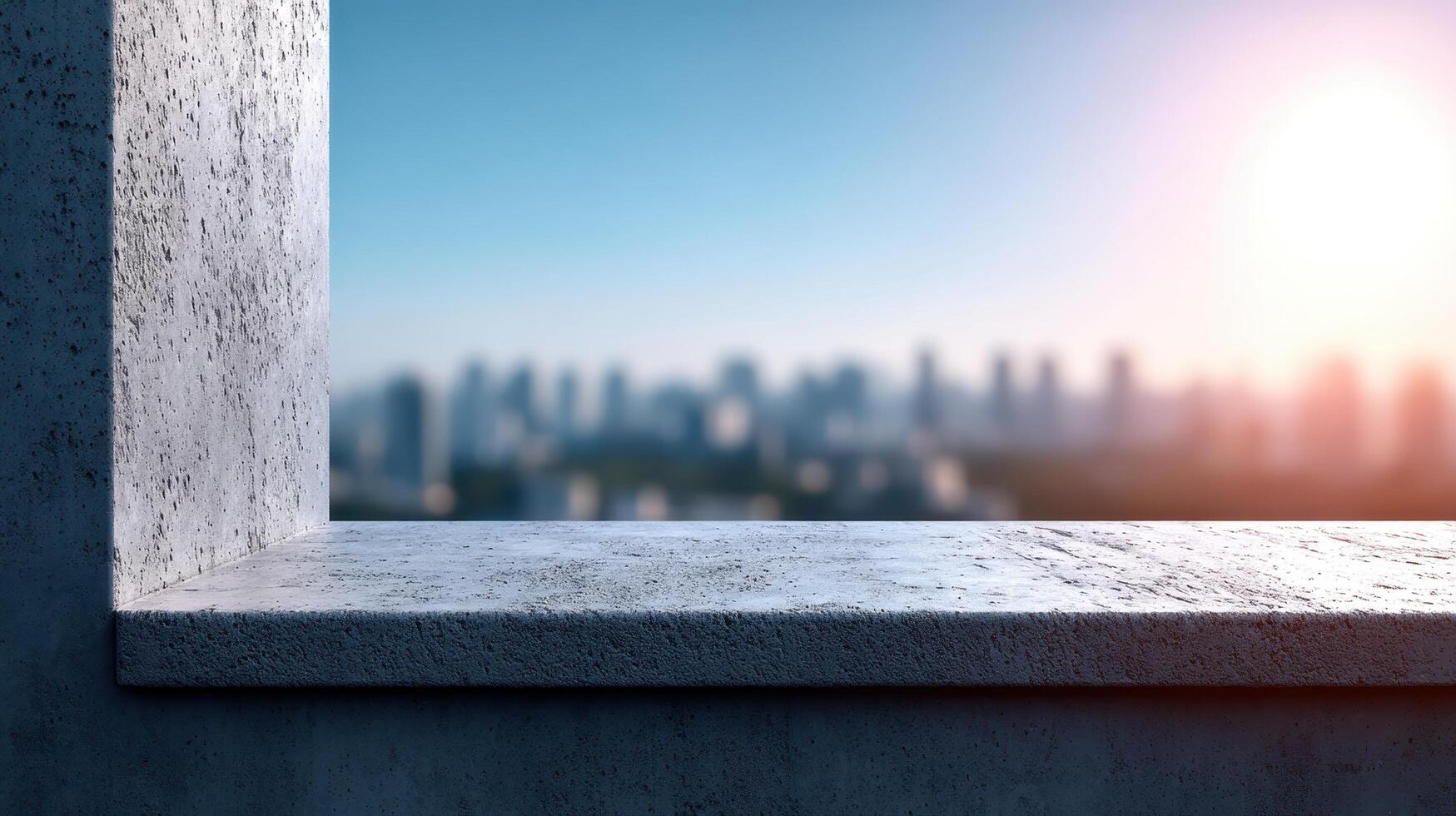 Sunlit Concrete Wall with City Background Copyspace for Content Creation photo