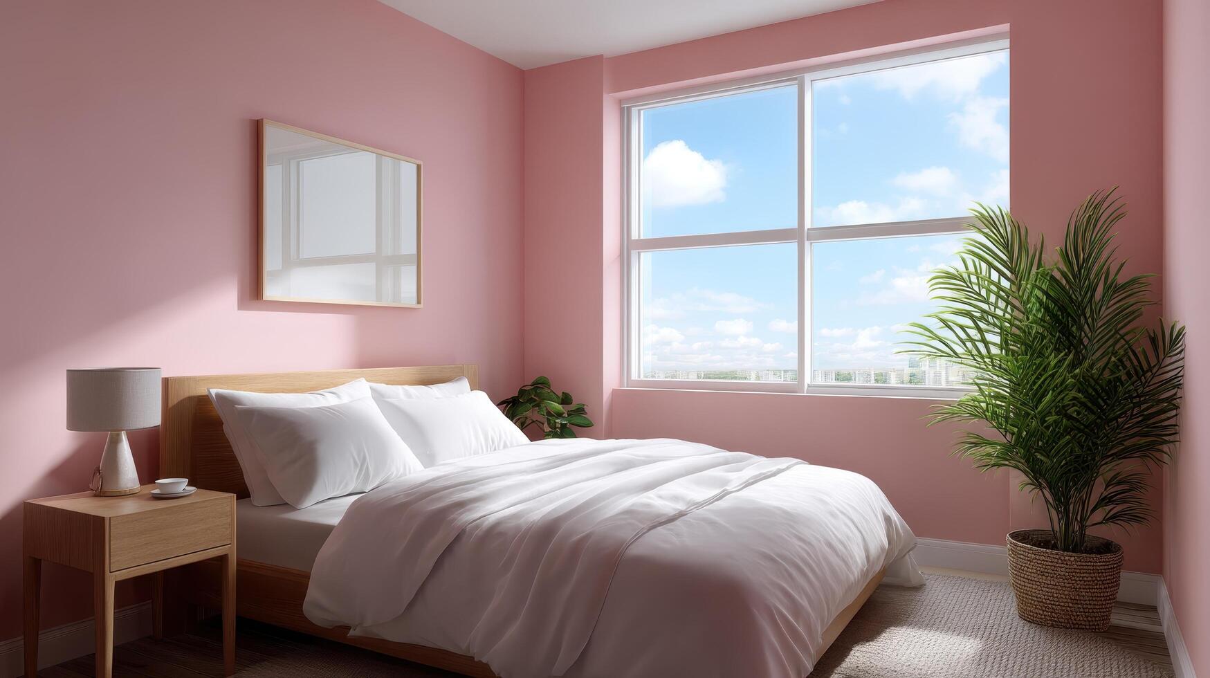 Cozy Minimal Pink Bedroom with Copyspace Bright Background Modern Aesthetic Indoor View photo