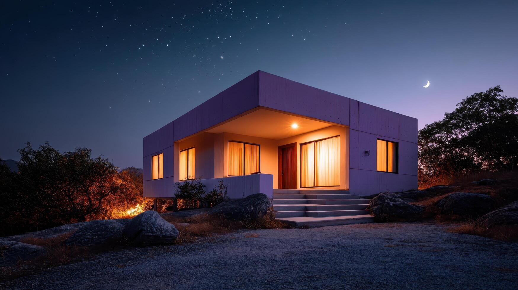 Glowing Purple House at Night Scenic Landscape Warm Lights Background Copyspace photo