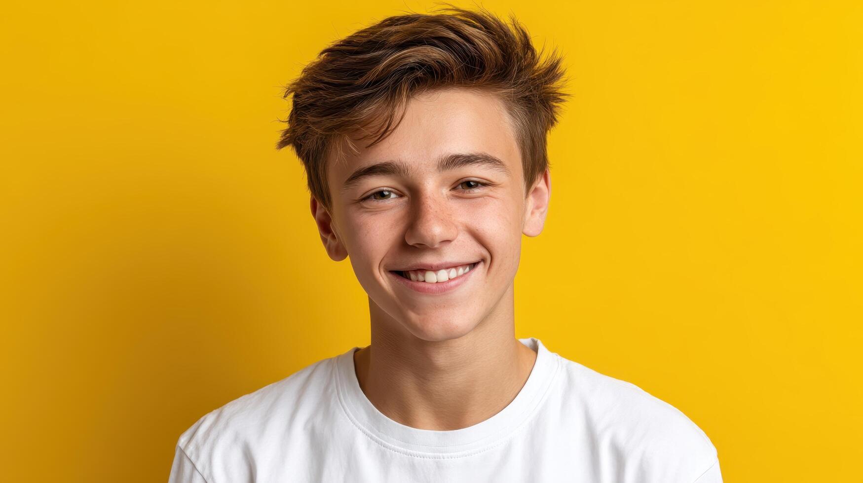 Joyful Teenage Boy Portrait Yellow Background Smiling Image Copyspace Bright Environment photo