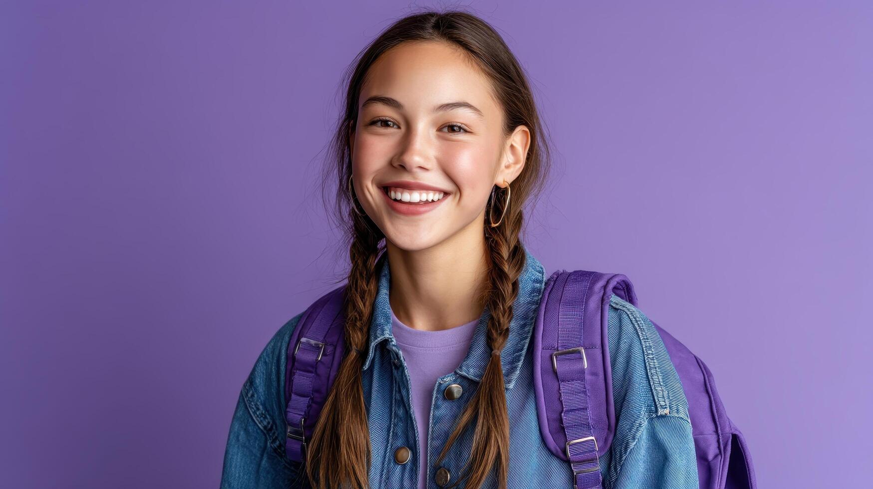 Energetic Young Schoolgirl Portrait Purple Background Copyspace Half Body Capture Lifestyle photo