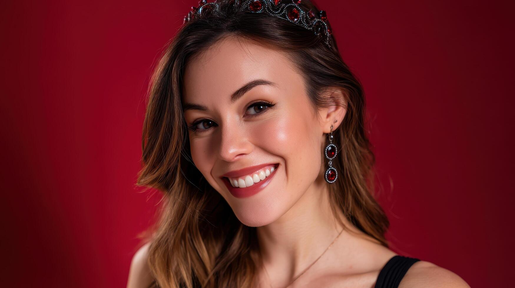 Vibrant Portrait of a Smiling Young Lady in a Crown Studio Background Copyspace Available photo