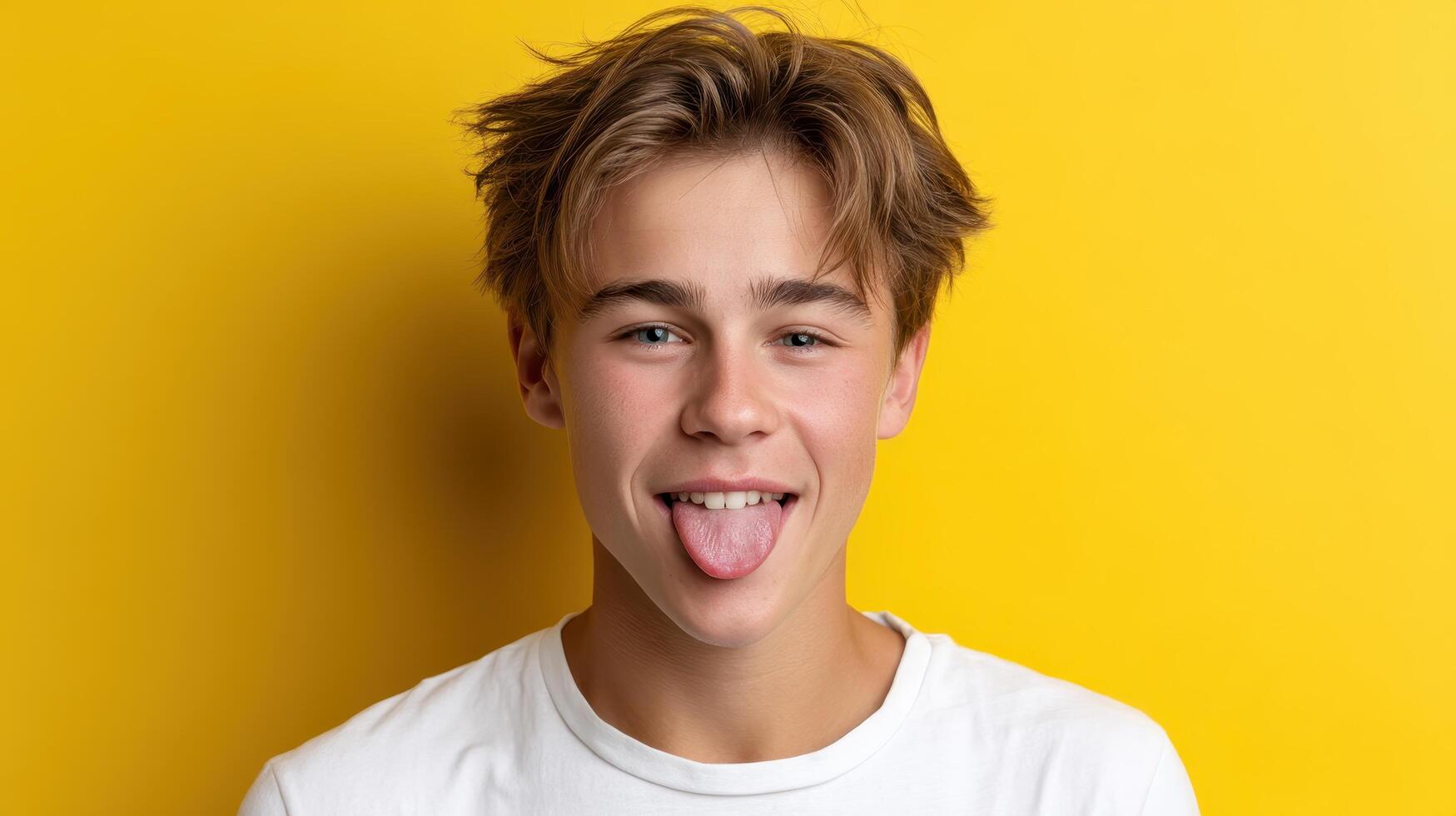 Playful Teenage Boy Smiling Against Yellow Background Dynamic Portrait with Copyspace photo