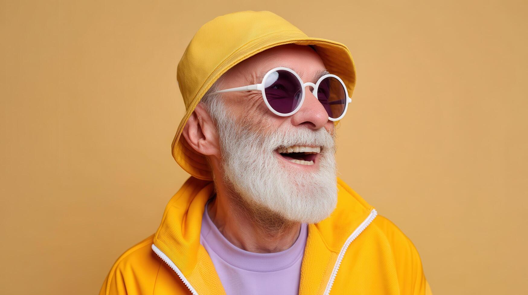 Joyful Old Man in Colorful Attire Studio Background Half Body Shot Copyspace for Fun Concept photo