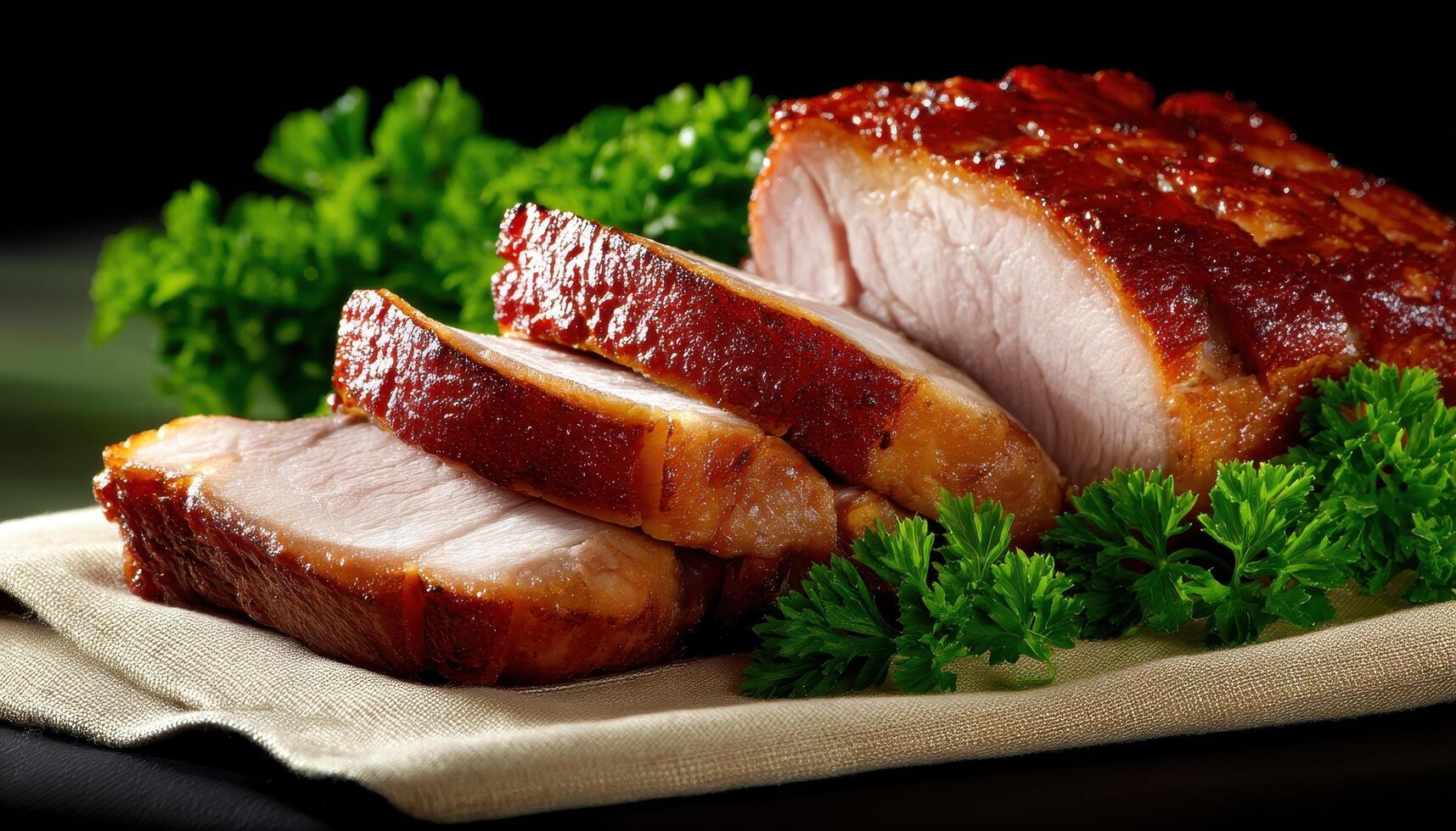 Sliced Roast Pork Delight Gourmet Kitchen Food Photography Elegant Background Copyspace photo