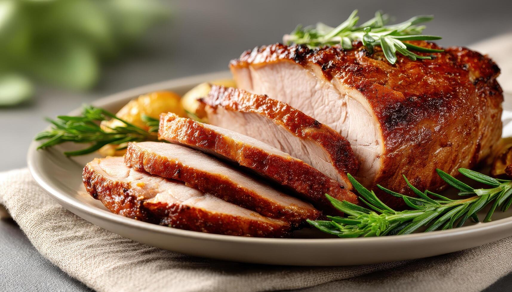 Sliced Roast Pork Dish Elegant Kitchen Setting Food Photography Background with Copyspace photo