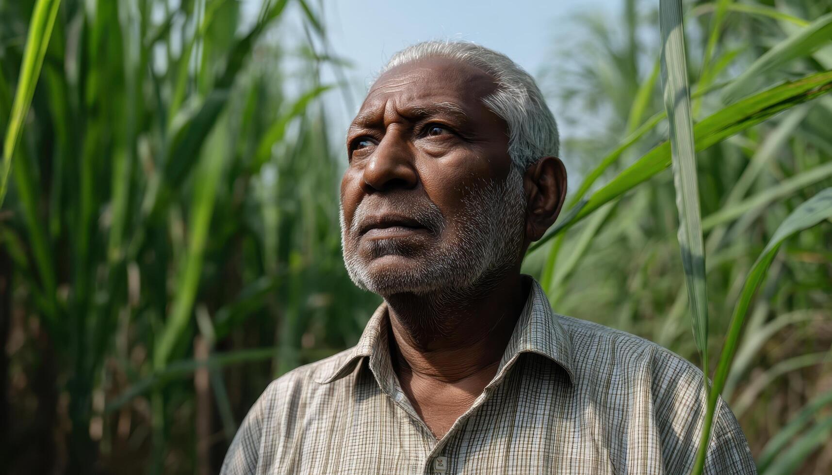 Elderly Indian Farmer Portrait Sugarcane Field Image with Background and Copyspace Rural Setting photo