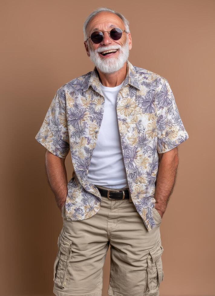 Cheerful Older Gentleman in Floral Shirt Studio Background Portrait View Copyspace for Text photo