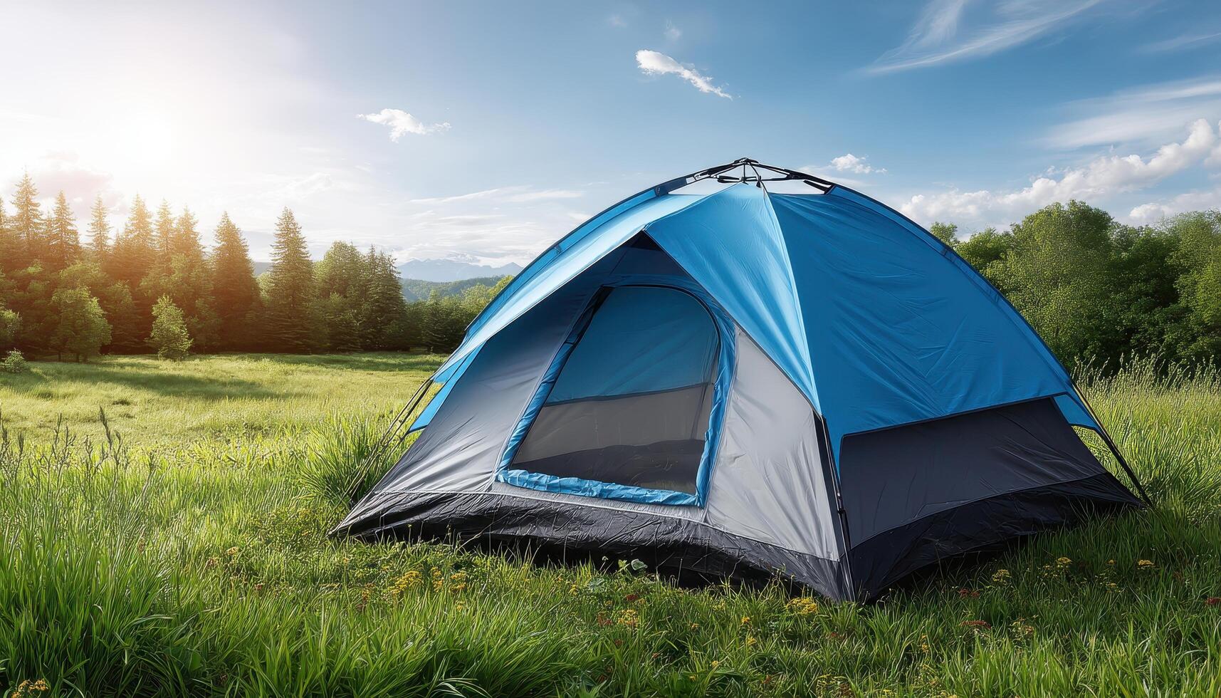 Bright Camping Tent in a Peaceful Meadow Background with Copyspace for Outdoor Activities photo